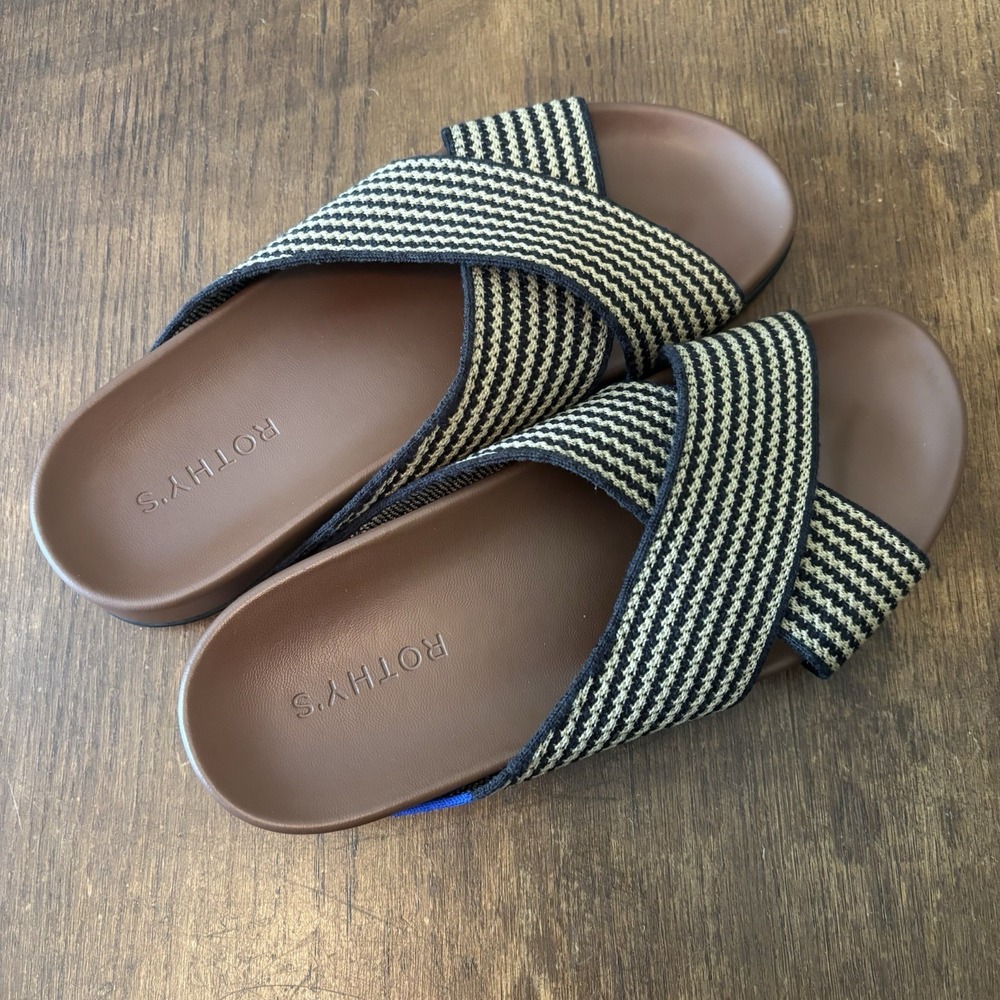 Sz 8.5 Rothy's The Weekend Slide Toffee Black & Tan Stripe Hemp Travel
